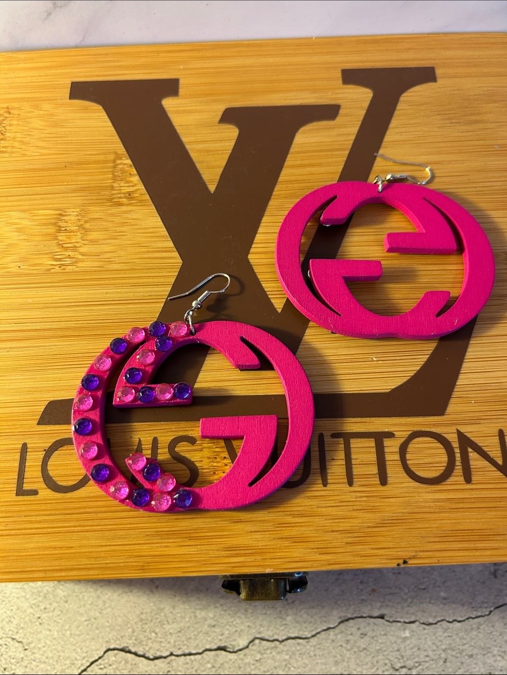 Wood Hot Pink Interlocking Fish Hook Earrings with Purple Rhinestones